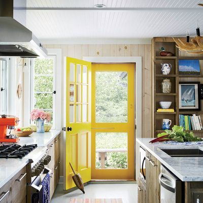 Cottage Tour, Michigan Cottage, Natural Stone Fireplaces, Yellow Door, Cottage Renovation, Cottage Style Decor, Cottage Kitchens, Style Cottage, Natural Curiosities