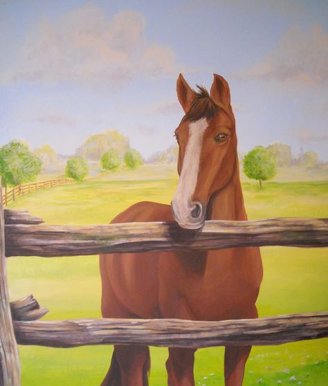 Cindy Scaife Murals - Horse Mural - detail Horse Mural Art, Country Mural Ideas, Horse Wall Mural, Kids Murals, Horse Mural, Horse Bedroom, Simple Cottage, Pet Party, Murals For Kids