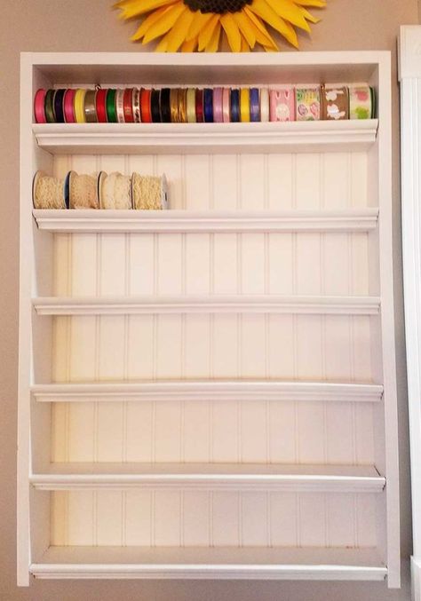 Craft Storage Rack made with beadboard and moulding for DIY ribbon storage and organization Back Of Door Ribbon Storage, Ribbon Holder Diy, Diy Ribbon Holder, Diy Ribbon Storage, Room Closet Organization, Ribbon Shelf, Ribbon Rack, Craftroom Ideas, Closet Room Organizer