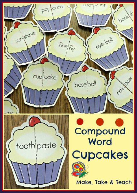 Fun literacy center activity for learning compound words.  48 colorful cupcakes! Compound Words Activities, Literacy Games, Compound Words, Word Sorts, First Grade Reading, Classroom Language, English Activities, Teaching Literacy, Word Activities