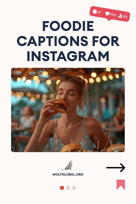 Promotional graphic for foodie captions on Instagram featuring a woman enjoying a burger.
An infographic with checked food-related phrases and emojis, suggesting culinary enjoyment and an invitation to get more.
A smiling woman with a laptop, surrounded by social media engagement symbols, with promotional text for WolfGlobal.org. Snack Captions Instagram, Craving Satisfied Caption, Funny Food Captions For Instagram, Eating Captions, Food Insta Captions, Foodie Captions, Life Captions, Catchy Captions, Food Captions