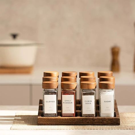 6pcs 120ml Wholesale Acacia Wood Cover Square Glass Jars Kitchen Seasoning Bottle Table Salt Flavor Herb & Spice Tools Organize Kitchen Spices, Glass Jars Kitchen, Square Glass Jars, Wood Spice Rack, Spice Jar Set, Aesthetic House, Glass Spice Jars, Spice Labels, Spice Bottles