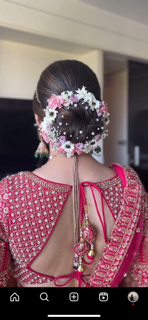 Indian Bridal Bun With Flowers, Bridal Bun With Flowers, Bridal Bun Hairstyles Indian, Indian Bridal Bun, Bun With Flowers, Bridal Bun, New Saree Blouse Designs, Bridal Hair Buns, Bridal Hairstyle