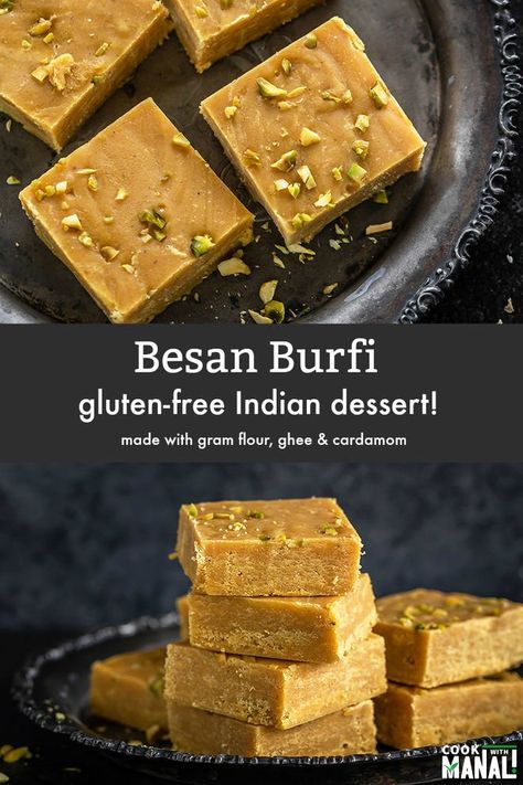 Popular Indian sweet, Besan Burfi is made with gram flour, ghee and flavored with cardamom. This homemade recipe makes melt-in-mouth burfi every time! Gluten-free. #indiandessert #besanburfi #indian #glutenfree Indian Paan Dessert, Indian Deserts Sweets, Besan Burfi, Parsi Recipes, Diwali Treats, Indian Deserts, Indian Cuisine Recipes, Best Indian Recipes, Vegetarian Recipes Dessert