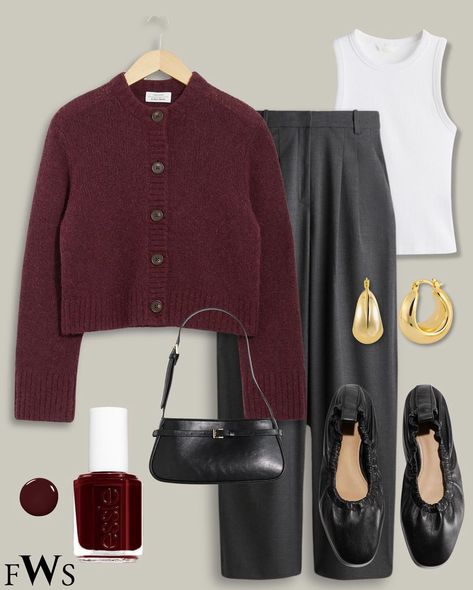 Burgundy Cardigan Outfit Fall, Cardigan Office Outfit, Burgundy Cardigan Outfit, Minimalist Fall Outfit, Cardigan Fall Outfit, Burgundy Cardigan, Autumn Trends, Cardigan Outfit, Cardigan Outfits