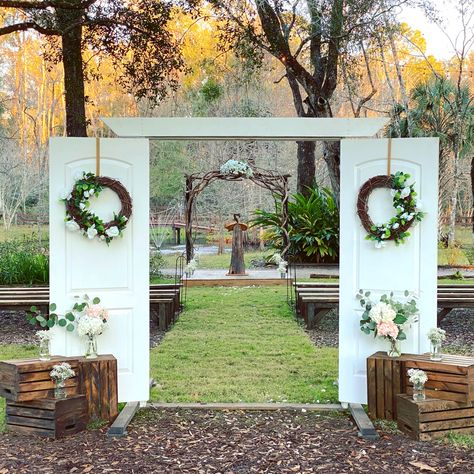 Whimsical Wedding at Cypress Creek Event Venue - Cypress Creek Event Venue Wedding Barbeque, Storybook Aesthetic, Diy French Doors, Wedding In January, Peach Farm, Wedding December, Whimsical Theme, Backyard Wedding Ceremony, Small Backyard Wedding