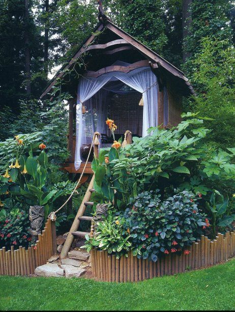 love the way the little hut is tucked into the landscaping. great idea for a treehouse Treehouse Inspiration, Backyard Getaway, Casa Vintage, Secret Gardens, She Sheds, The Secret Garden, Plants And Flowers, Garden Cottage, Outdoor Rooms