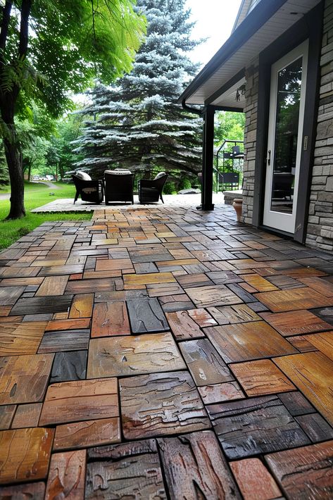 Interlocking tile patio flooring in a lush outdoor area with a seating arrangement, providing an affordable flooring inspiration for small outdoor spaces. Backyard Flooring Ideas, Cheap Patio Floor Ideas, Patio Flooring Ideas, Outdoor Patio Flooring Ideas, Patio Floor Ideas, Outdoor Flooring Options, Outdoor Rubber Flooring, Wood Block Flooring, Outside Tiles