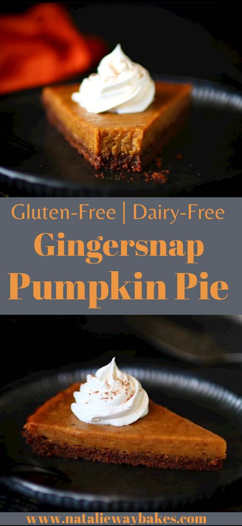 The most delicious Gluten-Free Pumpkin Pie With a Gingersnap Crust. With a few simple ingredients and super easy to make, this pie will quickly become your go to for your holiday table. Recipe is dairy-free as well. #pumpkinpie #glutenfreepumpkinpie #glutenfreerecipes #gingersnap Gluten Free Gingerbread Pie Crust, Ginger Snap Crust Pumpkin Pie, Gluten And Dairy Free Pumpkin Pie, Ginger Snap Pie Crust, Gingersnap Crust Pumpkin Pie, Pumpkin Pie Crust Recipe, Dairy Free Pie, Fancy Pies, Gluten Free Pumpkin Pie Recipe