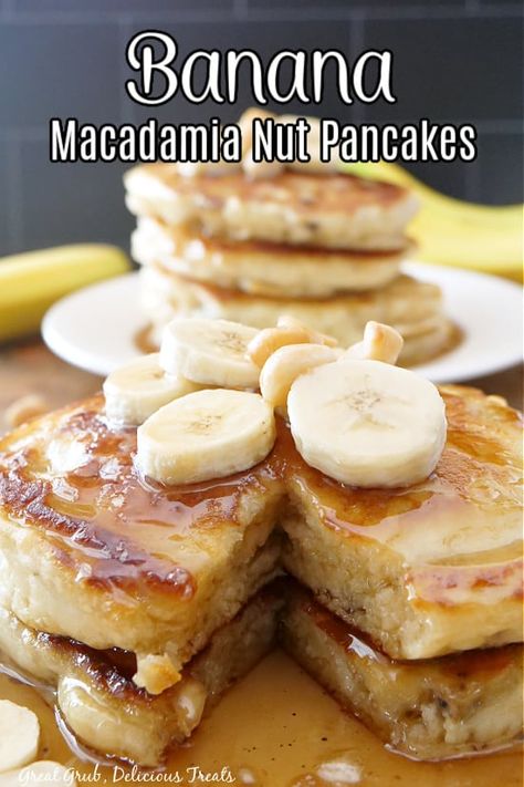 Hawaiian Pancakes Recipe, Banana Macadamia Nut Pancakes, Maui Pancakes, Macadamia Nuts Recipes, Hawaiian Pancakes, Macadamia Pancakes, Banana Nut Recipes, Banana Pancakes Easy, Pancakes Easy Recipe