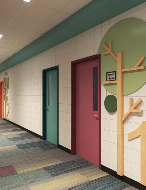 Cornerstone-Church-Hallway-1 Preschool Hallway Ideas, Preschool Hallway Decor, Children’s Church Design, Church Childrens Ministry Decor, Childrens Church Rooms, School Design Concept, Church Kids Room, Childrens Ministry Director, Kids Ministry Design