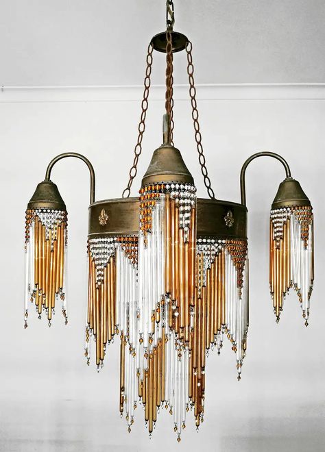 For Sale on 1stDibs - Fabulous midcentury in clear and amber beaded glass Art Deco or Art Nouveau chandelier. Measures: Diameter 24.40 in / 62 cm Height 48.03 in (chain=9.84 Flush Chandelier, Italian Art Deco, Glass Art Deco, Vintage Chandeliers, Contemporary Art Deco, Deco Beads, Art Deco Art, Brass Art, Bronze Chandelier