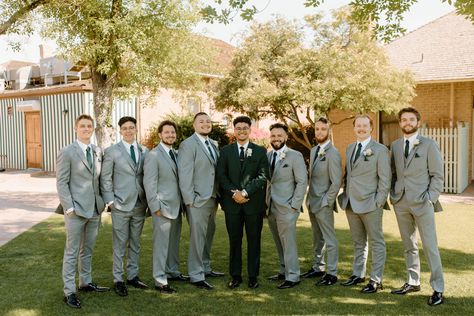 Dark Green Groom Suit Grey Groomsmen, Green Groom Suit Grey Groomsmen, Green Groom Gray Groomsmen, Dark Grey Suit Green Tie, Green And Grey Groomsmen, Dark Green Groomsmen Suits, Olive Green Groomsmen Attire, Dark Green Groomsmen Attire, Green Groomsmen Suits