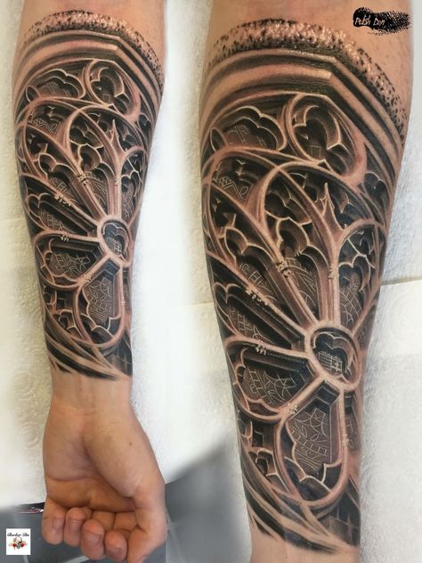 Gothic Architecture Tattoo Sleeve, Greek Architecture Tattoo, Rose Window Tattoo, Cathedral Tattoo Design, Architecture Tattoo Ideas, Gothic Tattoo Men, Gothic Cathedral Tattoo, Gothic Architecture Tattoo, Cathedral Tattoo