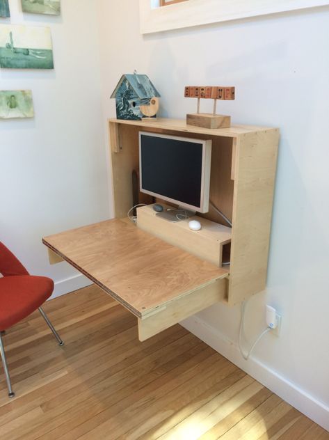 Photo 1 of 5 in How to Build a Compact, Fold-Down Desk for Small Spaces by Allie Weiss - Dwell Desk Area Organization, Wall Desks, Kids Desk Area, Fold Up Desk, Desk For Small Spaces, Storage Doors, Fold Down Desk, Space Saving Desk, Workplace Office