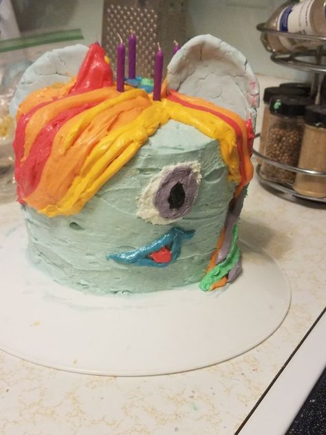 Rainbow Dash cake with Butter cream frosting and fondant ears. Rainbow Dash Cake, Rainbow Dash Party, Butter Cream Frosting, Cream Frosting, Buttercream Frosting, Rainbow Dash, Cake Ideas, Butter Cream, Frosting