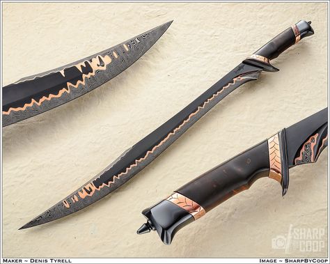 NEXT level chopper! This formidable short sword by Denis @TyrellKnifeWorks should give your opponents pause AND retreat! 20"BL / 24"OAL of san-mai with copper. Great sculpted guards also. I'm backing away.... Short Swords, Short Swords Fantasy, Curved Swords, Types Of Swords, Pretty Knives, Arm Armor, Cool Swords, Cool Knives, Dungeons And Dragons Homebrew