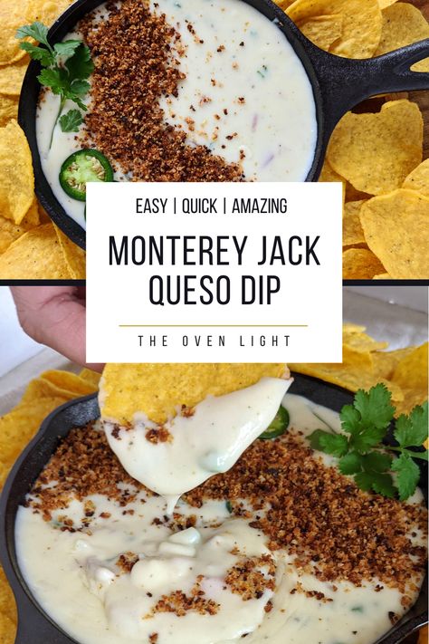 Easy Creamy Monterey Jack Queso | The Oven Light | Appetizers Queso Dip With Monterey Jack Cheese, Queso With Monterey Jack Cheese, Monterey Jack Cheese Sauce, Monterrey Jack Cheese Recipes, Monterey Jack Queso Dip, Monterey Jack Cheese Dip, Monterey Jack Queso, Monterey Jack Recipes, Queso In The Oven