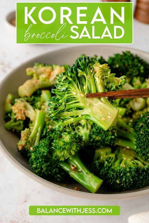 This easy Korean Broccoli Salad only takes 15 minutes and 6 ingredients to prepare! Steamed broccoli is coated in a sweet, savory, & umami-rich dressing for the ultimate banchan. Serve it warm, room temperature, or cold - it's addicting either way! Vegetarian, vegan, dairy free. Asian Brocolli Salad, Korean Broccoli Salad, Japanese Broccoli Recipes, Korean Style Broccoli, Korean Pasta Salad, Cold Broccoli Recipes, Broccoli Dishes Healthy, Warm Broccoli Salad, Korean Broccoli Side Dish