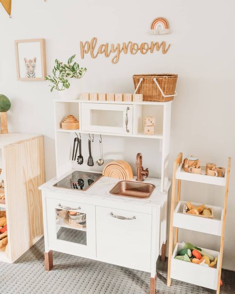 One of my favourite little spots in the playroom 😍 Elijah loves cooking up a storm here! Play kitchens have got to be one of my favourite toys for imaginary play! Watching Elijah's imagination burst with creativity as he plays here is just the best ❤ I've just added a gorgeous new addition to this spot too, our beautiful rainbow from @js_rainbows 😍🌈 love it so much! Ikea Play Kitchen, Baby Playroom, Child Bedroom, Montessori Playroom, Play Kitchens, Toddler Playroom, Playroom Design, Montessori Baby, Toddler Bedrooms