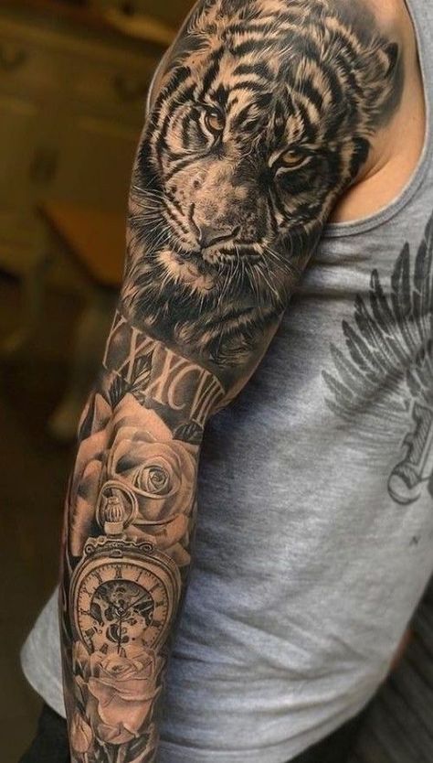 Men’s Full Sleeve Tattoo Ideas, Tiger Shoulder Tattoo, Tiger Tattoo Men, Lion Sleeve Tattoo, Mens Full Sleeve Tattoo, Calf Sleeve Tattoo, Japanese Tiger Tattoo, Tiger Tattoo Sleeve, Animal Sleeve Tattoo