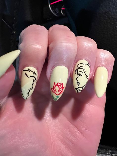 2. Beauty and The Beast Beauty And The Best Nail Designs, Beauty And The Best Nails, Beauty And The Beast Nails Simple, Disney Inspired Nails Princesses, Princess Disney Nails, Disney Nails Acrylic Almond, Beauty And Beast Nails, Beauty And The Beast Inspired Nails, Princess Acrylic Nails