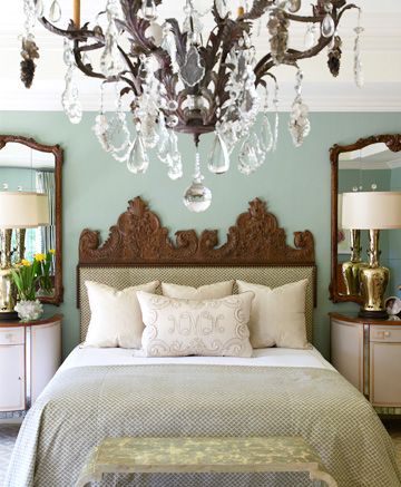 Mirrors on each side of the bed makes a room appear larger. Mirrors Above Nightstands, Green Curtains Bedroom, Green Bedroom Design, European Elegance, Sage Green Bedroom, Classy Bedroom, Green Hydrangea, White Cottage, Dreamy Bedrooms