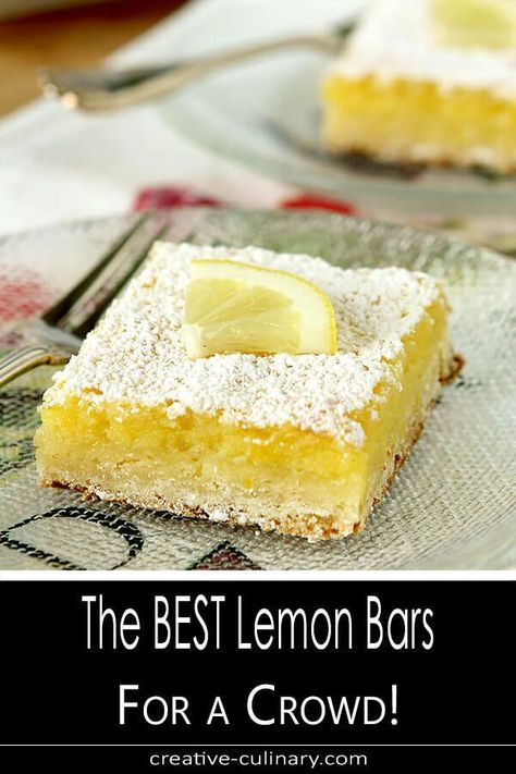 I've been making what my friend Bill has called the best lemon bars for 30 plus years. The Best Lemon Bars for a Crowd is an updated version of an old favorite with a thicker filling to serve more people. Doesn't everyone want seconds? via @creativculinary Lemon Bars For A Crowd, Bars For A Crowd, The Best Lemon Bars, Best Lemon Bars, Lemon Bars Recipe, Lemon Squares, Square Recipes, Easter Desserts, Sugar Sugar