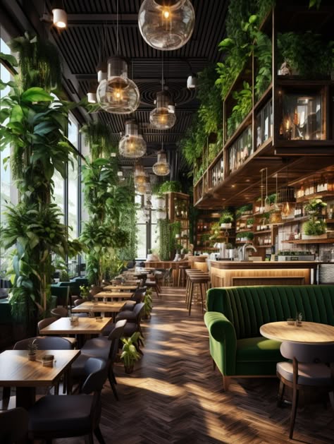 Modern Luxury Meets Nature: The Emerald and Wood Coffee Shop Design – Modern Magic Coffee Shop Design Modern, Industrial Coffee Shop, Modern Balcony Ideas, Balcony Ideas Modern, Greenhouse Cafe, Modern Coffee Shop, Modern Restaurant Design, Coffee Shop Interior, Modern Balcony