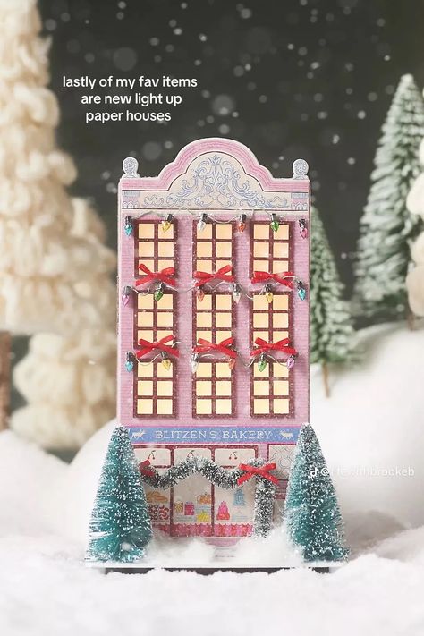 Anthropologie Christmas Houses, Pink Christmas House, Pink Christmas Village, Anthropologie Christmas Decor, Paper Mache House, Gingerbread Door, Village Tree, Emily Taylor, Anthropologie Christmas