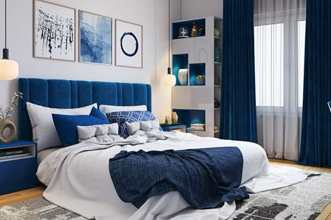 Bedroom colour combination with white painted walls and classic blue headboards Room Color Design, Blue And White Bedroom, Beautiful Bedroom Colors, Blue Headboard, Room Color Combination, Grunge Bedroom, Bedroom Color Combination, Blue Bed, Bedroom Colour