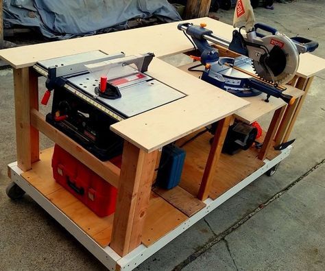 Mobile Workbench With Built-in Table & Miter Saws Workbench Ideas, Table Saw Workbench, Mobile Workbench, Workbench Plans Diy, Diy Table Saw, Tool Bench, Woodworking Shop Projects, Diy Workbench, Workbench Plans