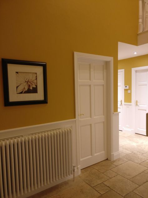 Yellow Hallway Ideas, Sage Green Hallway, Tiny Hallway Ideas, Hallway Stairs And Landing, Hallway Wall Colors, Yellow Hallway, Gray Stairs, Hallway Paint, Victorian Hallway