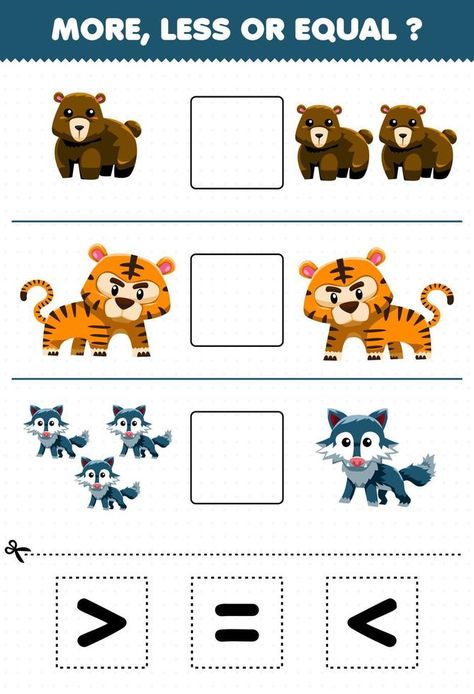 Education game for children more less or equal count the amount of cute cartoon wild animal bear tiger wolf then cut and glue cut the correct sign Number Worksheets Kindergarten, Animal Activities For Kids, Cut And Glue, Kids Worksheets Preschool, Animal Bear, Game For Children, Shapes Worksheets, Animal Activities, More And Less