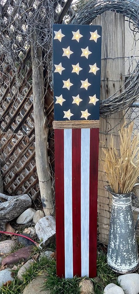 LED Lighted American Flag Patriotic Front Porch Sign Wooden - Etsy Fourth Of July Wooden Signs, Flag Porch Leaner, 4th Of July Decorations Indoor, Porch Signs Diy, Vintage Americana Decor, Patriotic Porch Signs, Patriotic Front Porch, Porch Boards, Summer Porch Signs