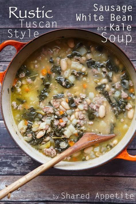 RUSTIC TUSCAN-STYLE SAUSAGE, WHITE BEAN, AND KALE SOUP - healthy sausage, white bean, and kale soup Sausage White Bean, White Bean And Kale Soup, Bean And Kale Soup, White Bean And Kale, Kale Soup, Fall Soups, Soup And Stew, Tuscan Style, White Bean