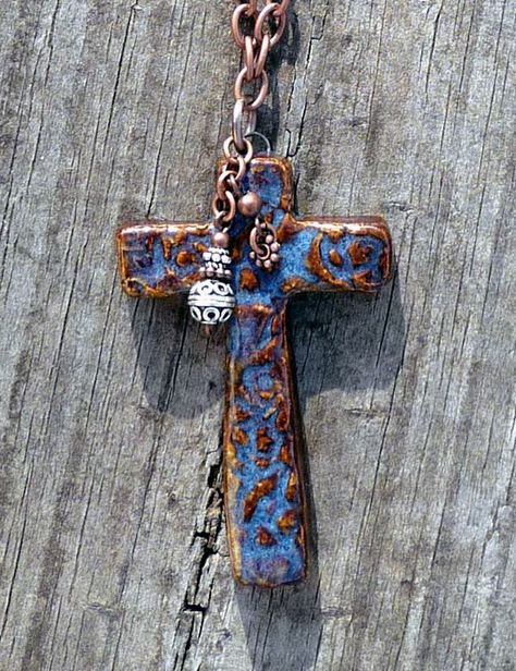 Jewelry Pottery, Clay Cross, Ceramic Crosses, Mens Cross Necklace, Blue Clay, Cross Art, Ceramic Pendant, Polymer Clay Tutorial, Handmade Charms