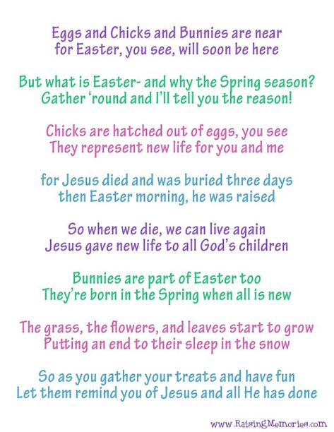 Free Printable Easter Poem about the true meaning of Easter and Easter Symbols.  How can Easter bunnies, chocolate eggs, and candy chicks remind you of Jesus at Easter time? by www.RaisingMemories.com Easter Meaning, Easter Speeches, Poem For Kids, True Meaning Of Easter, Easter Poems, Easter Symbols, Christ Centered Easter, Easter Preschool, Easter Quotes