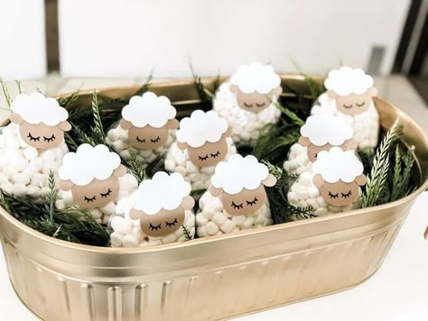 Sheep First Birthday Party, Baby Shower Sheep Theme, Sheep Party Decorations, Lamb Party Theme, Lamb Themed Birthday Party, Sheep Centerpieces, Mary Had A Little Lamb Baby Shower Theme, Sheep Themed Baby Shower Ideas, Baby Lamb Baby Shower Ideas