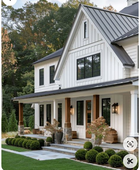 Shutter Ideas For White House, Adding Trim To Exterior House, Farmhouse Exterior Color Ideas, Front Porch Window Boxes, Ranch Home Exterior Ideas, White House With Black Trim Exterior Modern Farmhouse, White And Black House Exterior With Wood, Updated Craftsman Home Exterior, White House With Bronze Windows