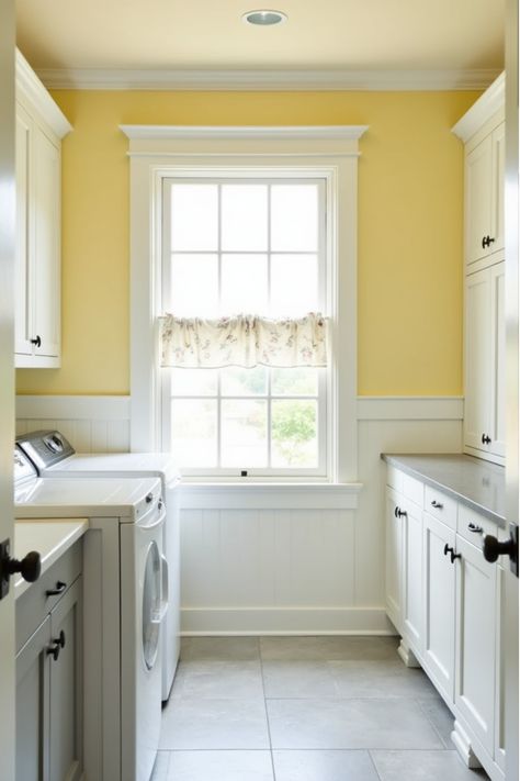 Bright laundry room featuring yellow walls, white accents, and gray flooring Yellow Laundry Room Ideas, Classic Laundry Room, Yellow Laundry Room, Laundry Room Color, Yellow Laundry, Room Color Palette, Bright Laundry Room, Yellow Laundry Rooms, Landry Room