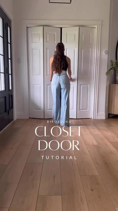 How to upgrade your bi-folding doors!!! ✨ #diyhomedecor #diydecorideas #homedecorideas #homedecorideaslivingroom #diydecor #homedecorideasdiy #homedecor Bifold To Sliding Closet Doors, Folding Doors Makeover, End Of Hallway Closet Door Ideas, Folding Door Update, Installing Bifold Doors, Folding Door Closet Makeover, How To Upgrade Closet Doors, Transforming Closet Doors, Closet Laundry Door Ideas