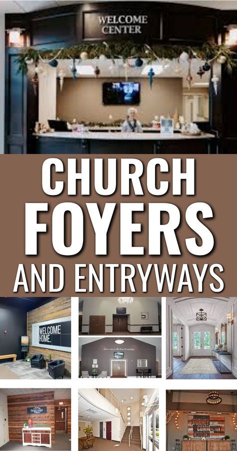 Small Church Foyer Ideas Entryway, Church Coffee Bar Ideas Design, Church Foyer Decorating Ideas, Church Advent Decorations, Church Platform Decor Ideas, Church Cafe Ideas, Church Signage Interior, Church Entryway Decor Foyers, Small Church Lobby Design