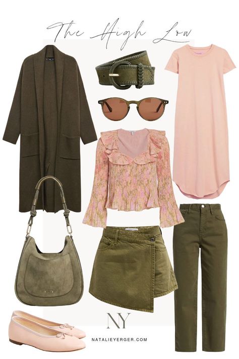 Inspired by an unexpected style color combination for fall, this High/Low shares olive and blush pieces for later summer and early autumn. Shop this cozy coatigan under $150, a floral blouse, ballet flats and more fall 2023 finds in this post. Blush And Olive Outfit, Olive And Pink Outfit, Olive Capsule Wardrobe, Fall Style Inspiration, Olive Mini Skirt, Blush Outfit, Olive Clothing, Cream Outfit, Olive Pants