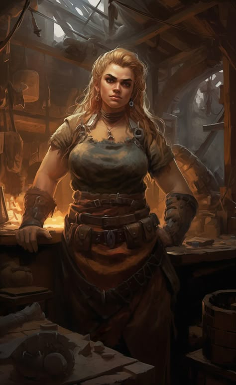 Dwarven Blacksmith Art, Female Dwarves Art, Blacksmith Woman, Plus Size Dnd Character, Dnd Npc Characters, Dwarven Woman, Dwarves Dnd, Npc Character Design, Dnd Female Fighter