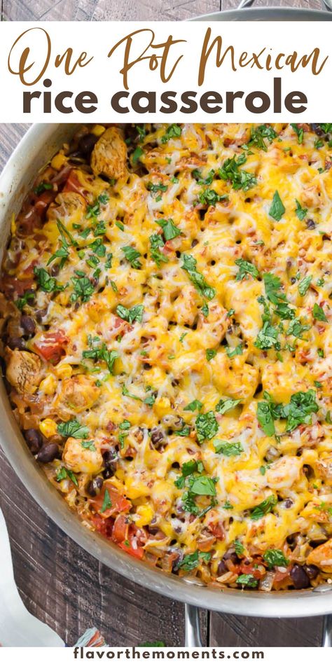 One Pot Mexican Rice Casserole is an easy, family-friendly dinner that's on the table in about 30 minutes! There's minimal prep, easy clean-up and it may be made vegetarian or vegan with a few simple swaps! #casserole #onepotdinner #glutenfree One Pan Mexican Rice Skillet, Rice And Bean Casserole Mexican, One Pot Mexican Rice Casserole Chicken, One Skillet Mexican Rice Casserole, Black Beans And Rice Casserole, Vegetarian Mexican Rice Casserole, One Pot Mexican Casserole, One Pan Mexican Rice Casserole, Creamy Mexican Rice