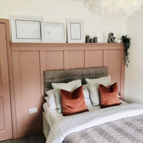 Door In Panelled Wall, Panneling Rooms Bedroom Pink, Tall Panelling Bedroom, Blush Pink Panelling, Dusky Pink Panelling Bedroom, Pink Panelled Bedroom, Bedroom Panelling Pink, Dusky Pink Panelling, Sage And Coral Bedroom