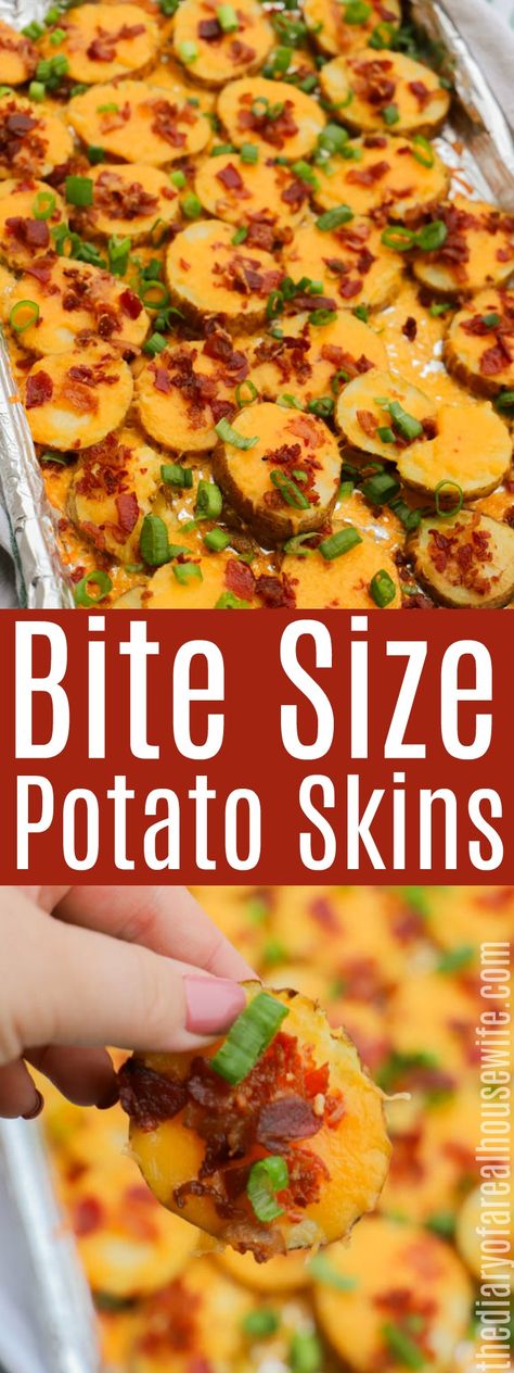 Appetizers Potato, Potato Skin Bites, Potato Skins Appetizer, Party Snacks Easy Appetizers, Party Food Easy Appetizers, Potatoe Skins Recipe, Potato Appetizers, Party Snacks Easy, Bite Size Appetizers