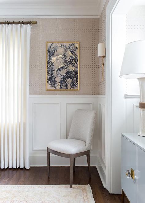 Beige Rivets Wallpaper with White Wainscoting - Transitional - Dining Room Rivets Wallpaper, Grasscloth Wallpaper Dining Room, Dining Room Chair Rail, Wainscoting Bedroom, Dining Room Design Ideas, Dining Room Wainscoting, White Wainscoting, Woven Dining Chairs, French Dining Chairs