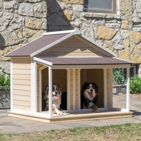 Double Dog House, Dog House With Porch, Kennel Ideas Outdoor, Cheap Dog Kennels, Luxury Dog Kennels, Dog House Ideas, Build A Dog House, Dog Kennel Cover, Wooden Dog Kennels